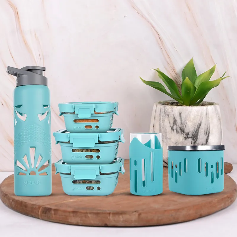 Power Combo for Two (Bottle,  320ml &  520ml Tiffin,  Drinking Glass Set,  600ml Container)