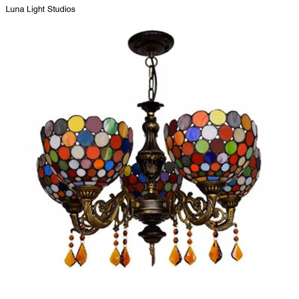 Stained Glass Retro Bowl Chandelier with 5 Hanging Heads for Dining Room Decor
