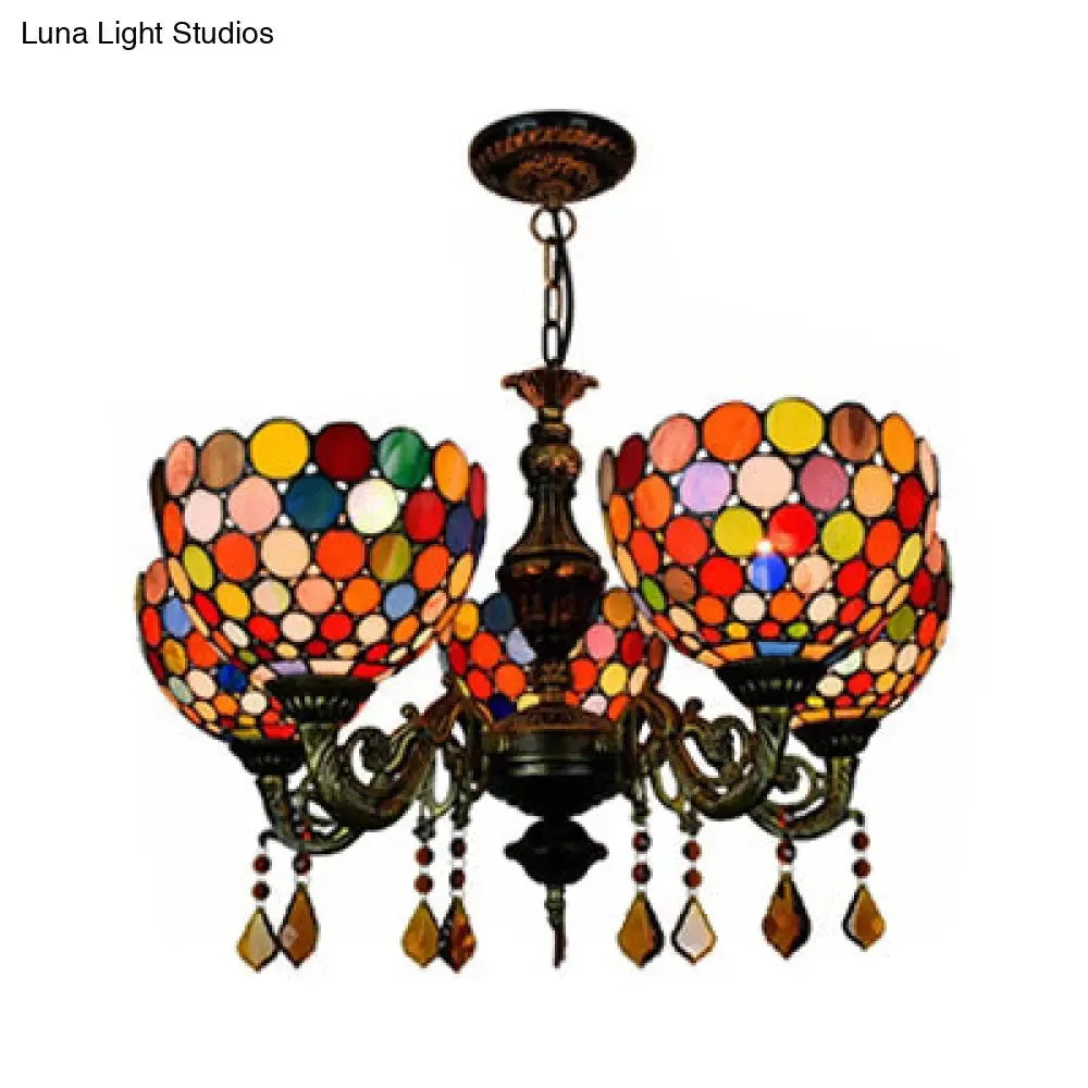 Stained Glass Retro Bowl Chandelier with 5 Hanging Heads for Dining Room Decor
