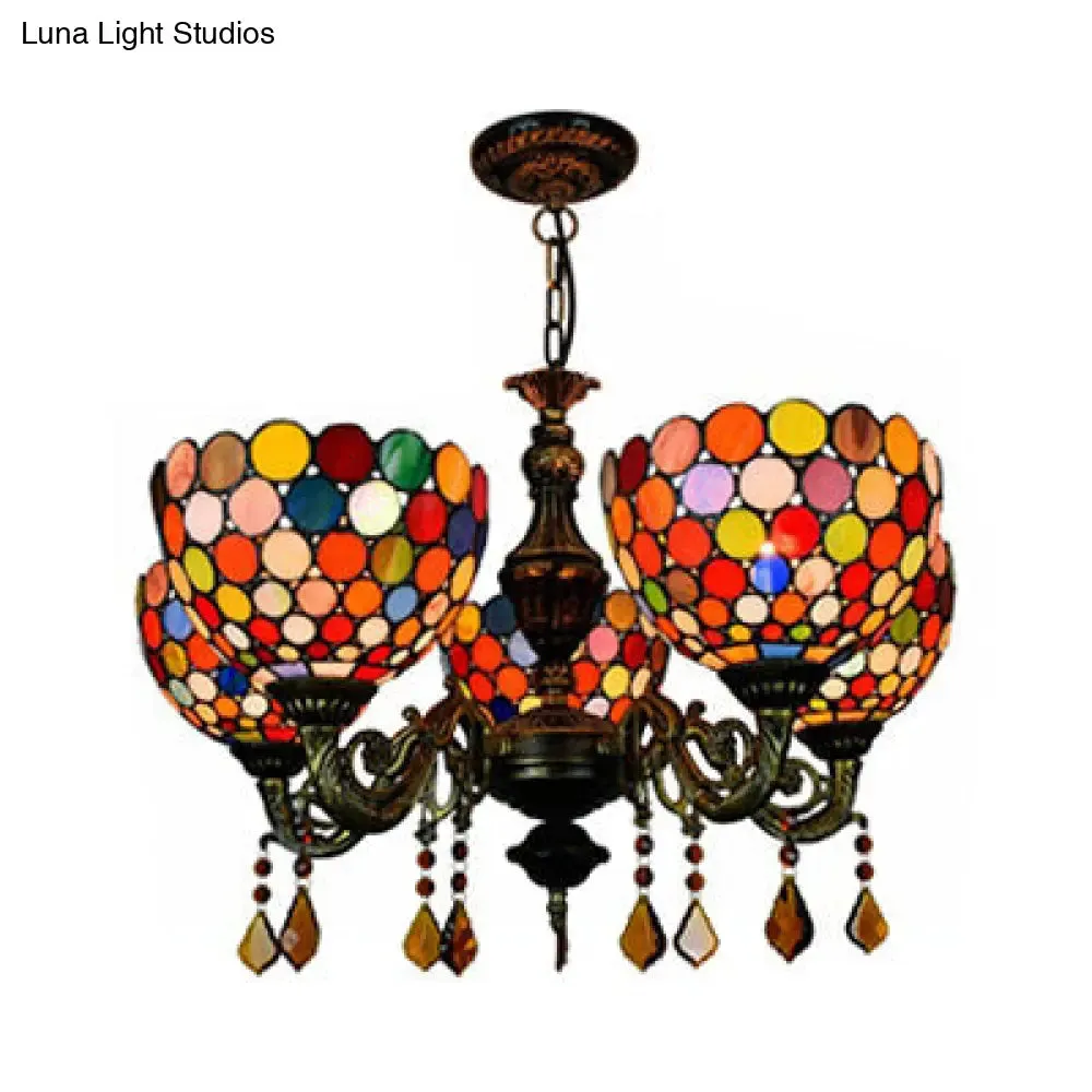 Stained Glass Retro Bowl Chandelier with 5 Hanging Heads for Dining Room Decor