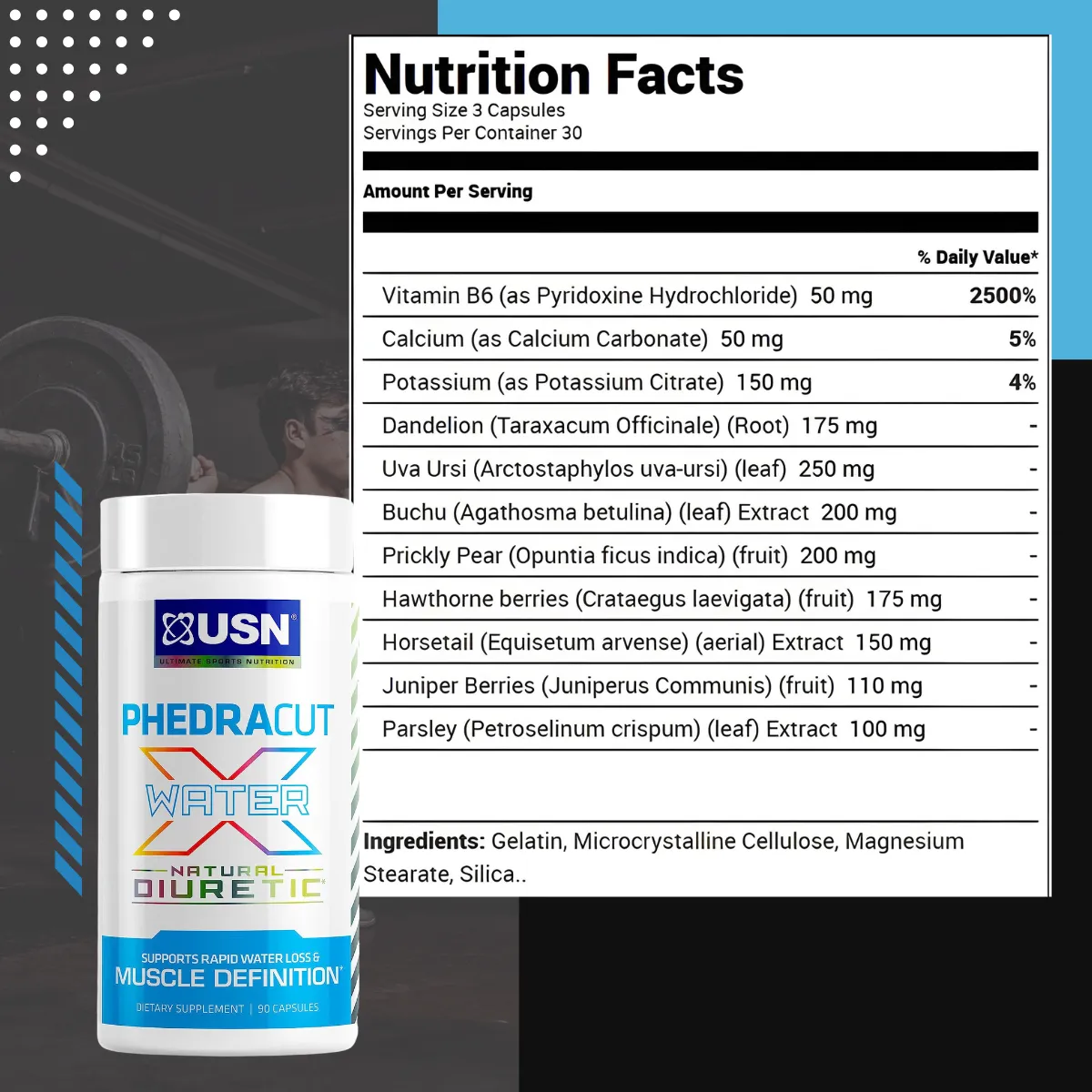 USN, Phedracut Water X, Natural Diuretic, Lean Muscle, Reduce Water Retention, Weight Loss Support, 90 Capsules