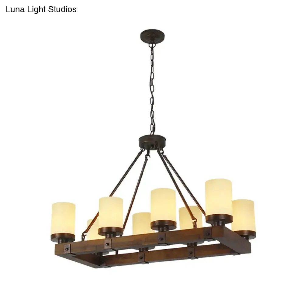 Vintage White Glass Cylinder Island Lamp with 6/8 Lights - Wooden Base, Living Room Ceiling Light