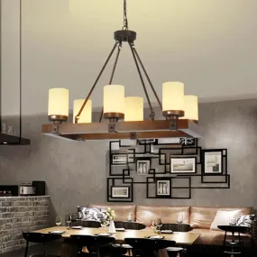Vintage White Glass Cylinder Island Lamp with 6/8 Lights - Wooden Base, Living Room Ceiling Light
