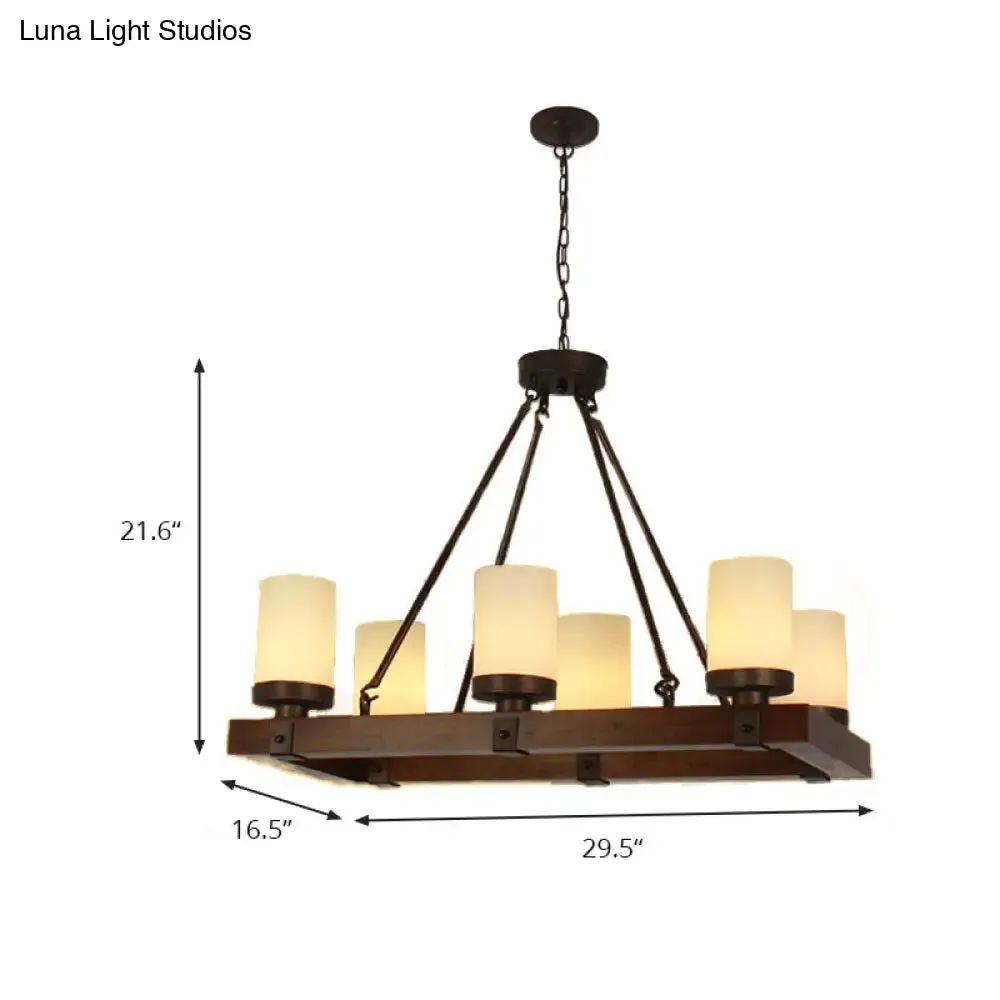 Vintage White Glass Cylinder Island Lamp with 6/8 Lights - Wooden Base, Living Room Ceiling Light