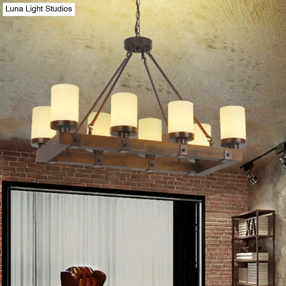 Vintage White Glass Cylinder Island Lamp with 6/8 Lights - Wooden Base, Living Room Ceiling Light