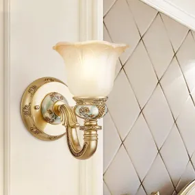 Vintage White Glass Wall Lamp - Flower Indoor Wall Mount Lighting, Gold Accent, 1 Light Fixture