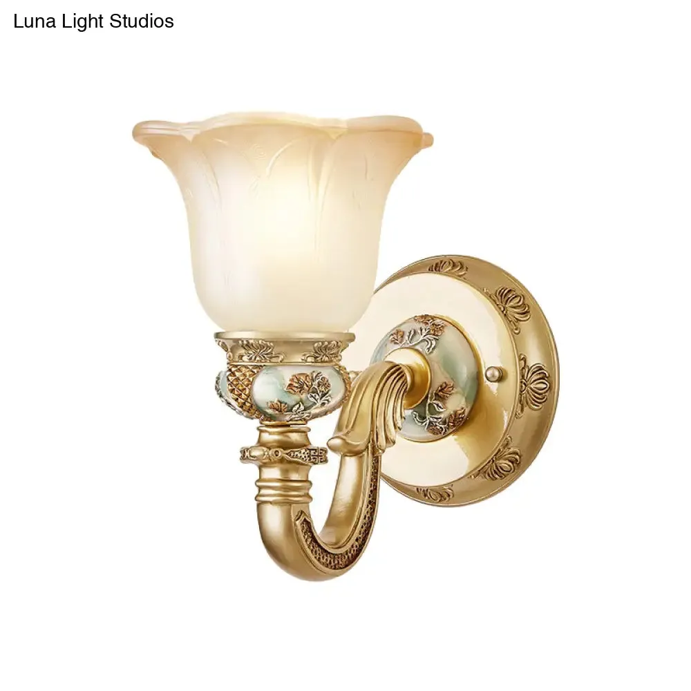 Vintage White Glass Wall Lamp - Flower Indoor Wall Mount Lighting, Gold Accent, 1 Light Fixture