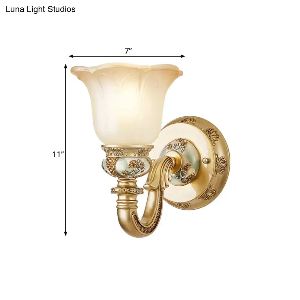 Vintage White Glass Wall Lamp - Flower Indoor Wall Mount Lighting, Gold Accent, 1 Light Fixture