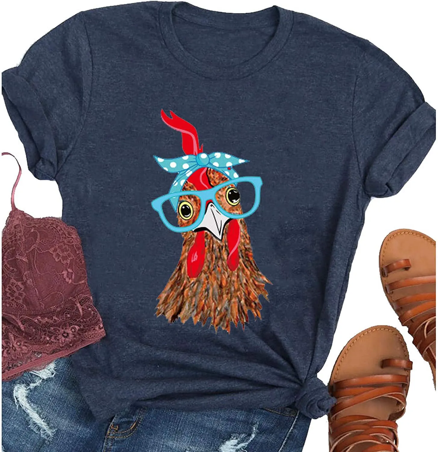 Women Chicken with Glasses Bandana Tee Shirt Cute Chicken T-Shirt