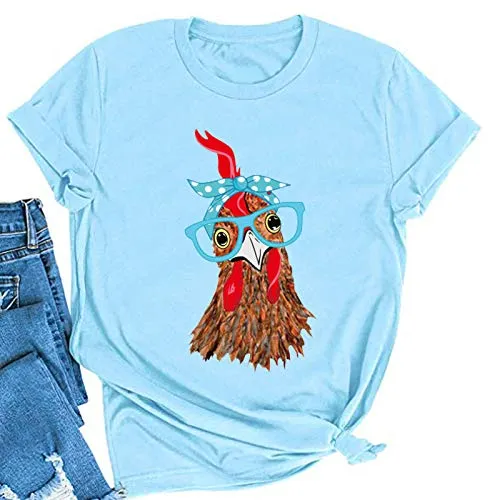 Women Chicken with Glasses Bandana Tee Shirt Cute Chicken T-Shirt