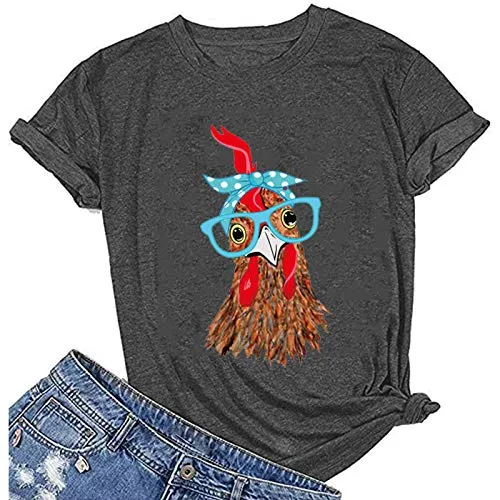 Women Chicken with Glasses Bandana Tee Shirt Cute Chicken T-Shirt
