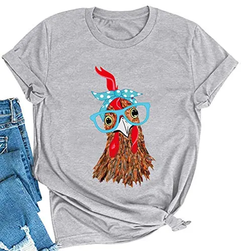 Women Chicken with Glasses Bandana Tee Shirt Cute Chicken T-Shirt