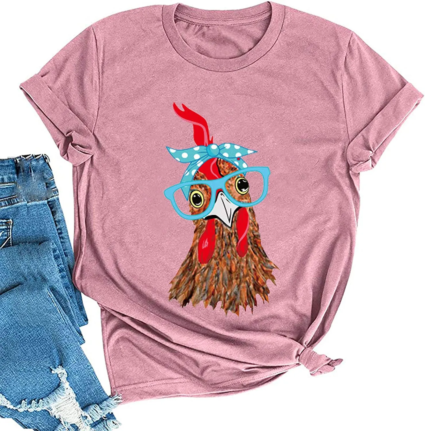 Women Chicken with Glasses Bandana Tee Shirt Cute Chicken T-Shirt