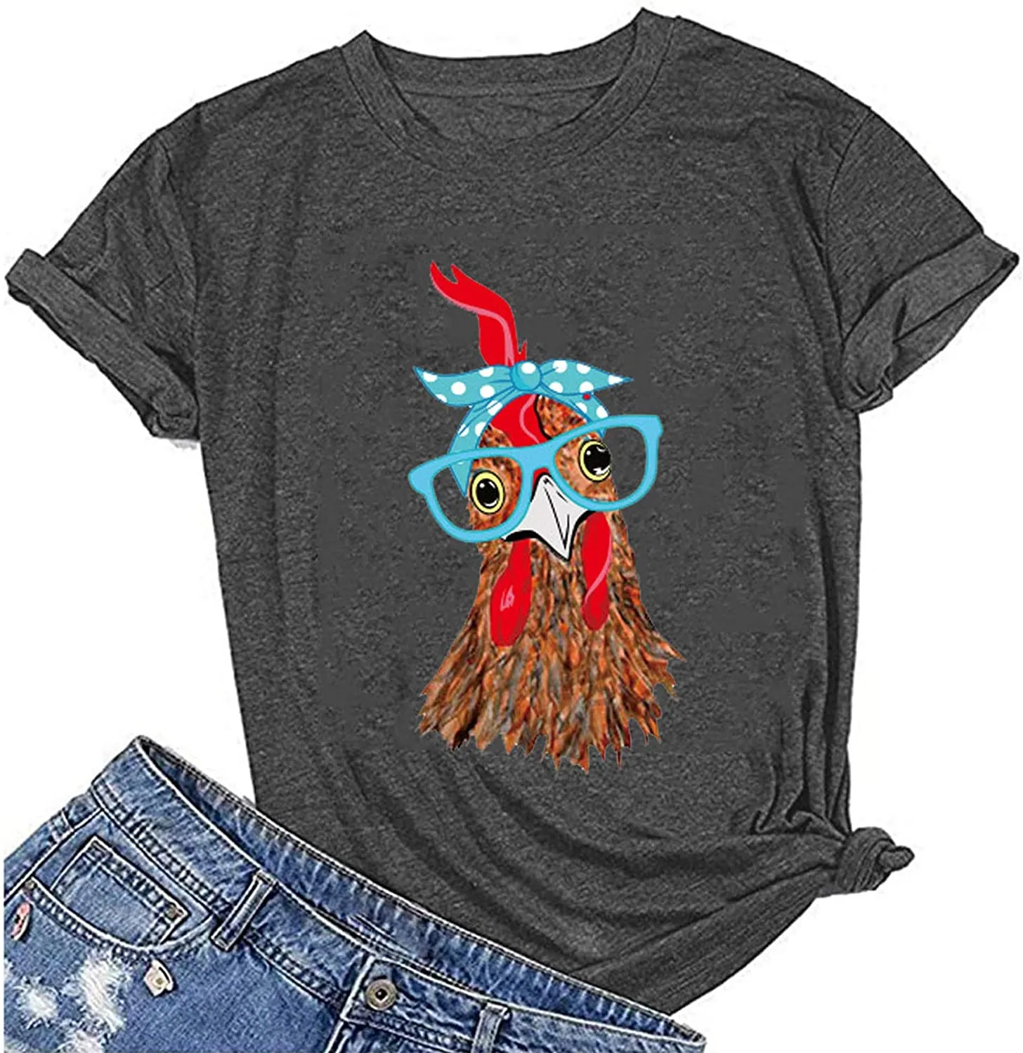 Women Chicken with Glasses Bandana Tee Shirt Cute Chicken T-Shirt
