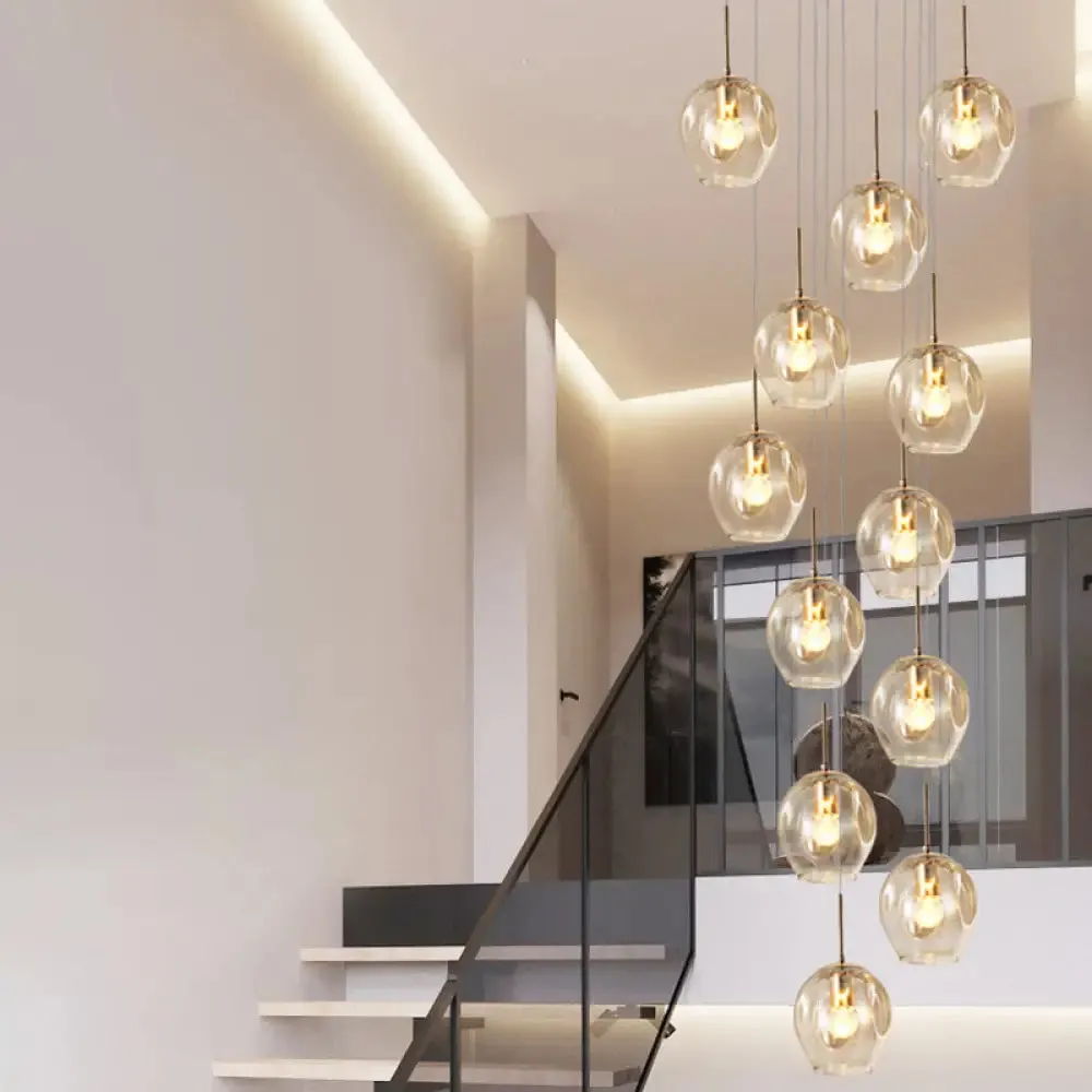 Zephyr - Handblown Glass Ball Multi Light Pendant Modern Cognac Hanging Lighting for Staircase