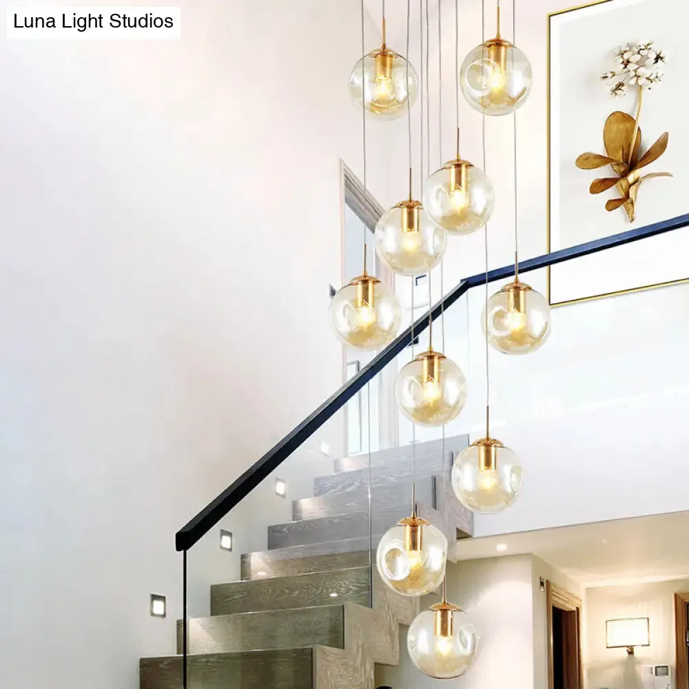 Zephyr - Handblown Glass Ball Multi Light Pendant Modern Cognac Hanging Lighting for Staircase