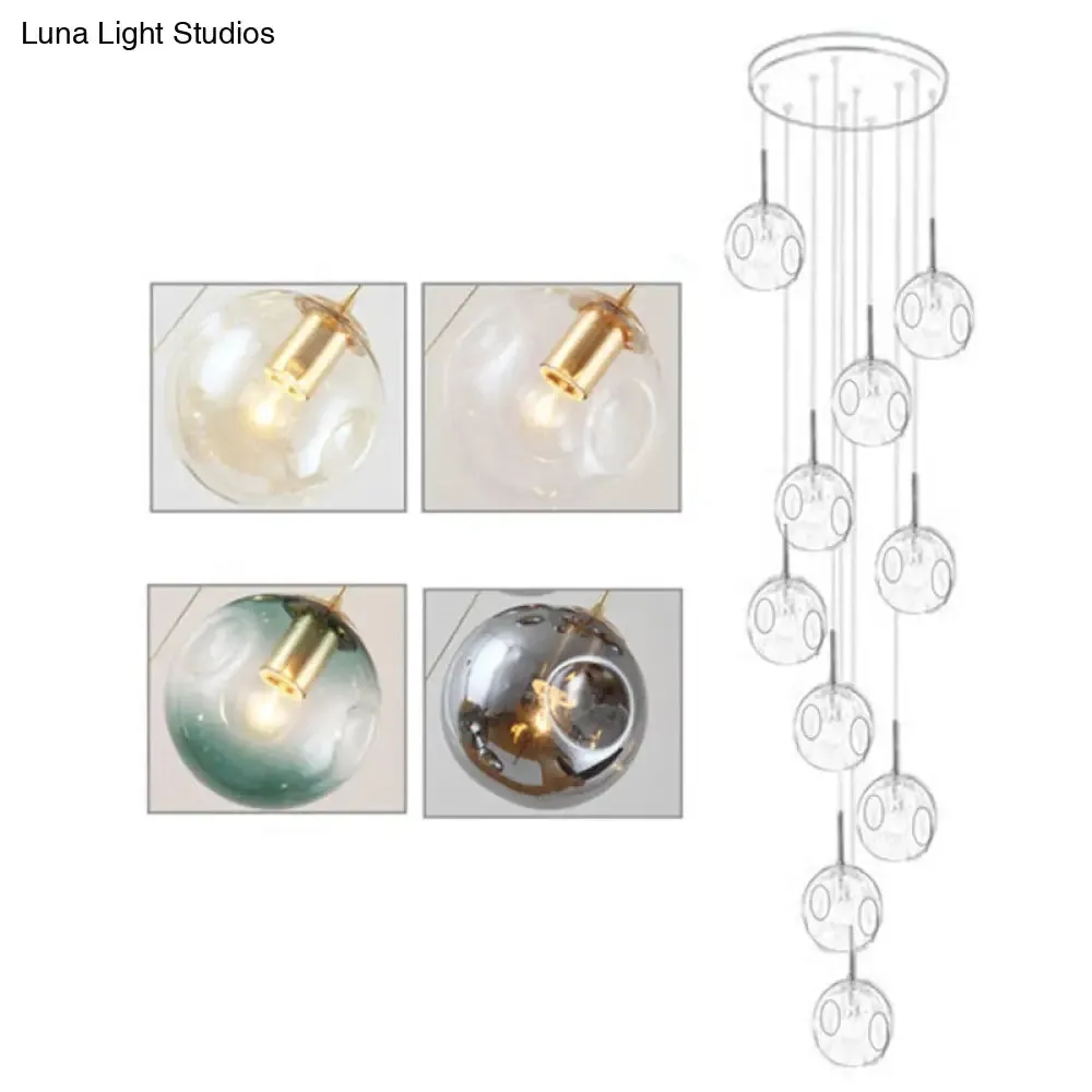 Zephyr - Handblown Glass Ball Multi Light Pendant Modern Cognac Hanging Lighting for Staircase