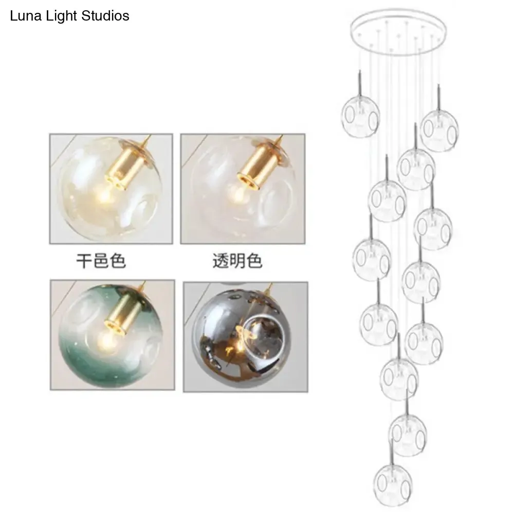 Zephyr - Handblown Glass Ball Multi Light Pendant Modern Cognac Hanging Lighting for Staircase
